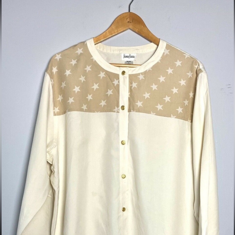 Vintage Neiman Marcus Beige Star Silk Blouse large women’s #542